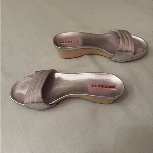 Prada Metallic Taupe Slide Wedge Sandal Size 40